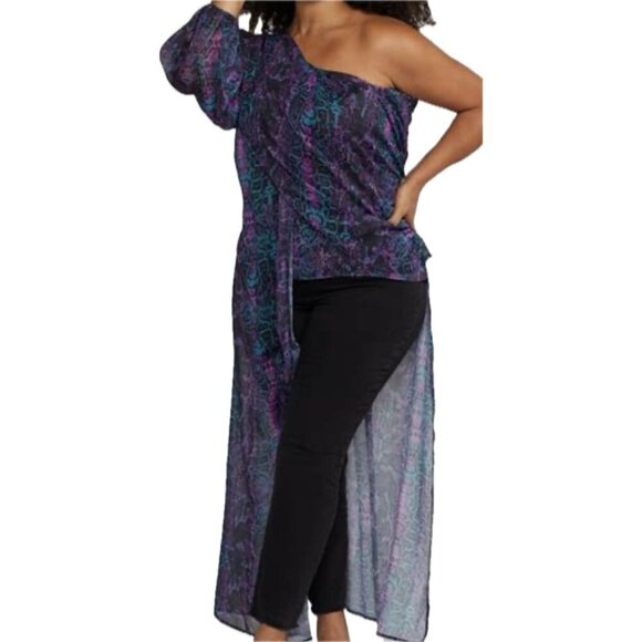 Fashion To Figure +2 Purple Sheer Snake Print Open Side One Shoulder Maxi Blouse - Picture 2 of 8